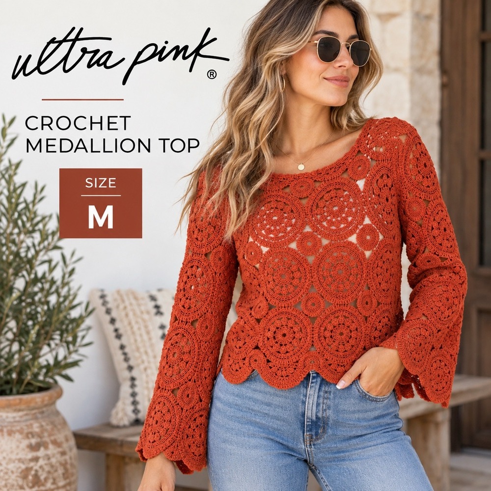 Ultra Pink Crochet Top Women M Rust Orange Boho Medallion Bell Sleeve Scalloped